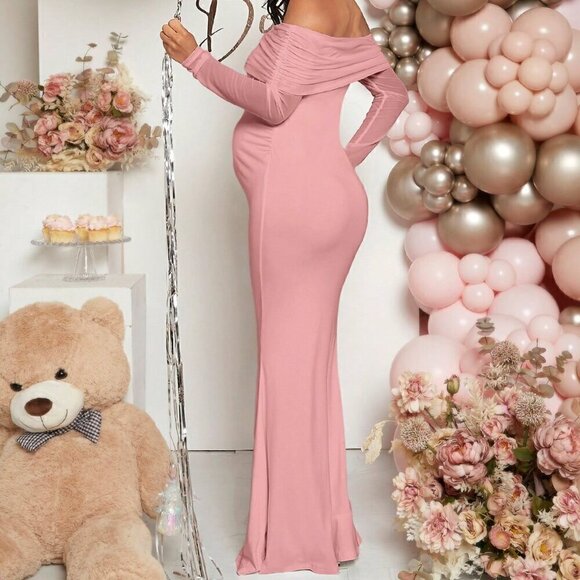 Pink Elegant Women's Maternity Off Shoulder Foldover Dress - Picture 2 of 7
